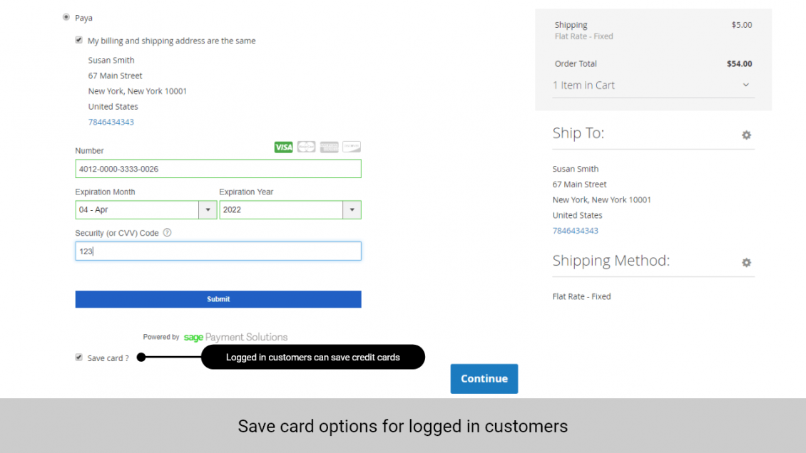 Logged in customers can save credit cards for future Paya payments
