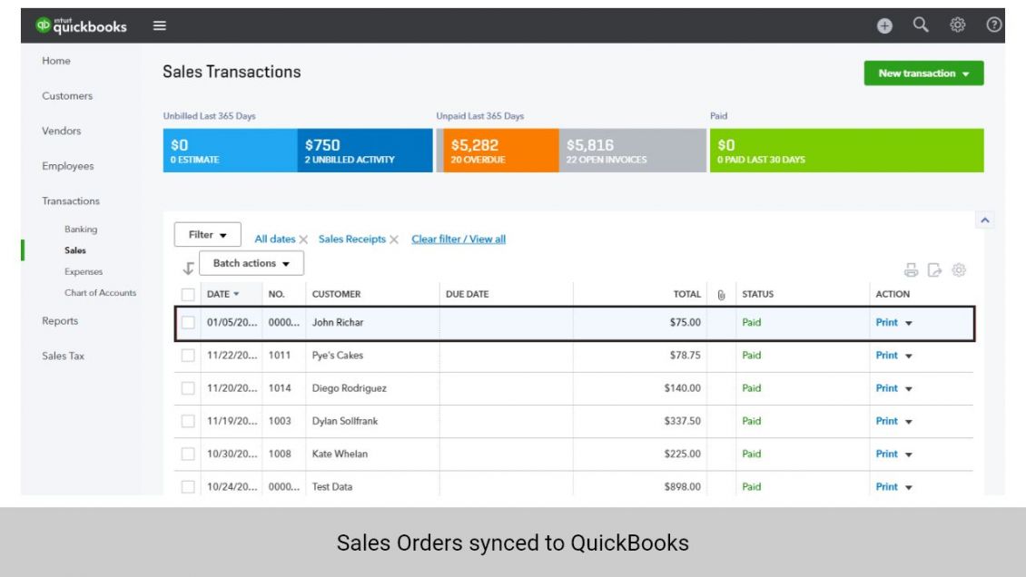 Sales Orders from Magento 2 synchronized to QuickBooks