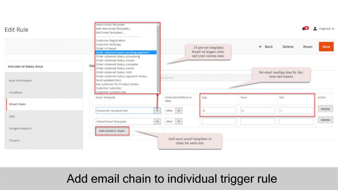 Admin can add email chain to individual trigger rule with email templates and time setting
