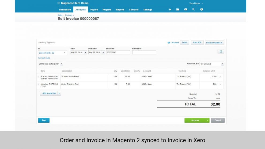 Order and Invoice in Magento 2 both synced to Invoice in Xero