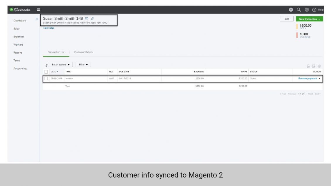 Customer from Magento 2 synchronized to QuickBooks