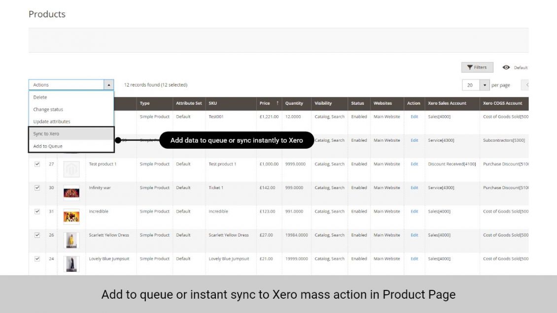 Admin can add data to queue or sync data to Xero instantly in Product page