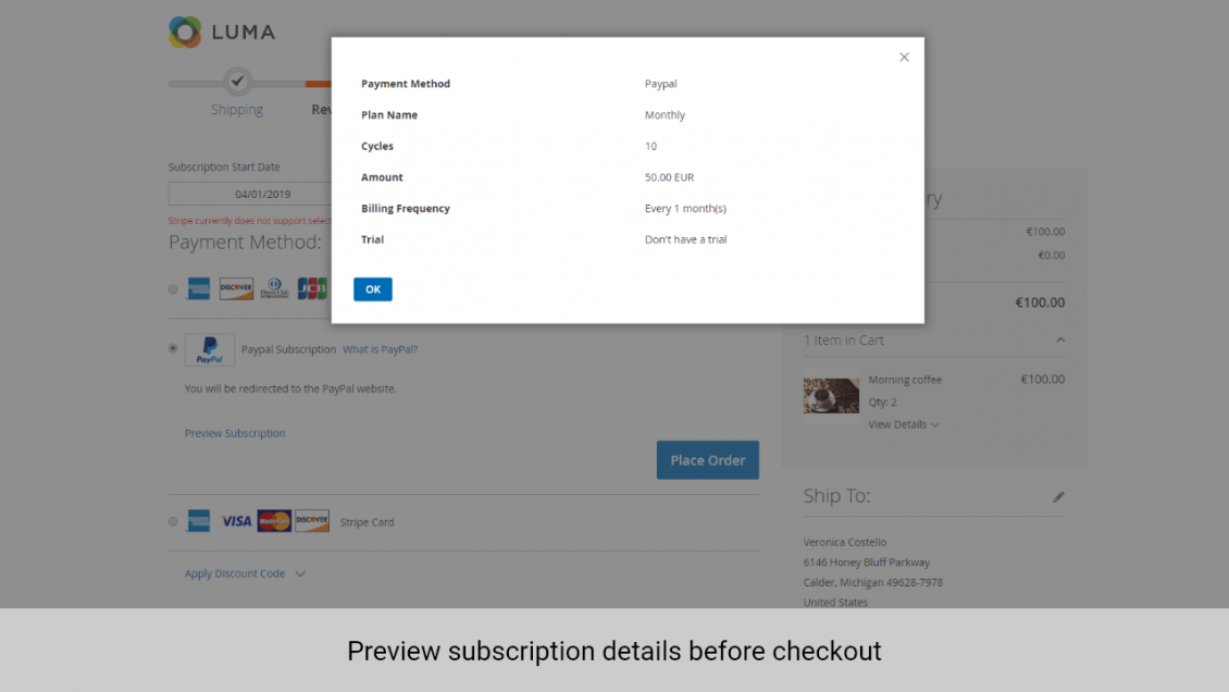 Magento 2 Subscription and Recurring Payments preview subscription details