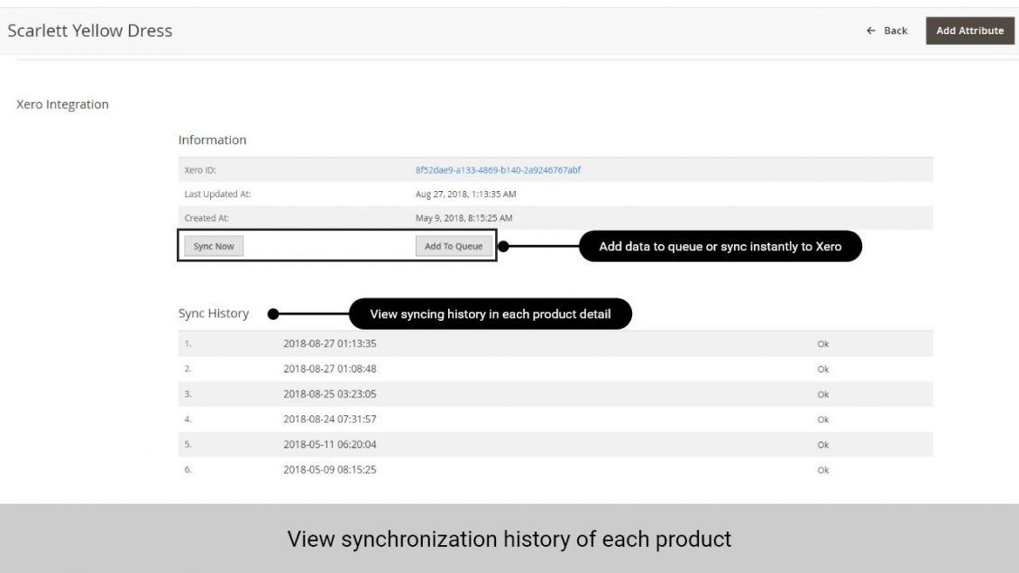 Admin can view sync history of each product in its product details