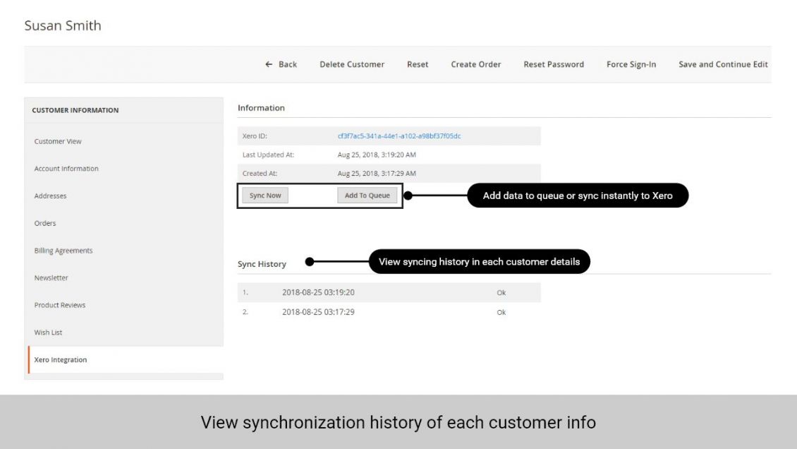 Admin can view sync history of each customer in that customer's info