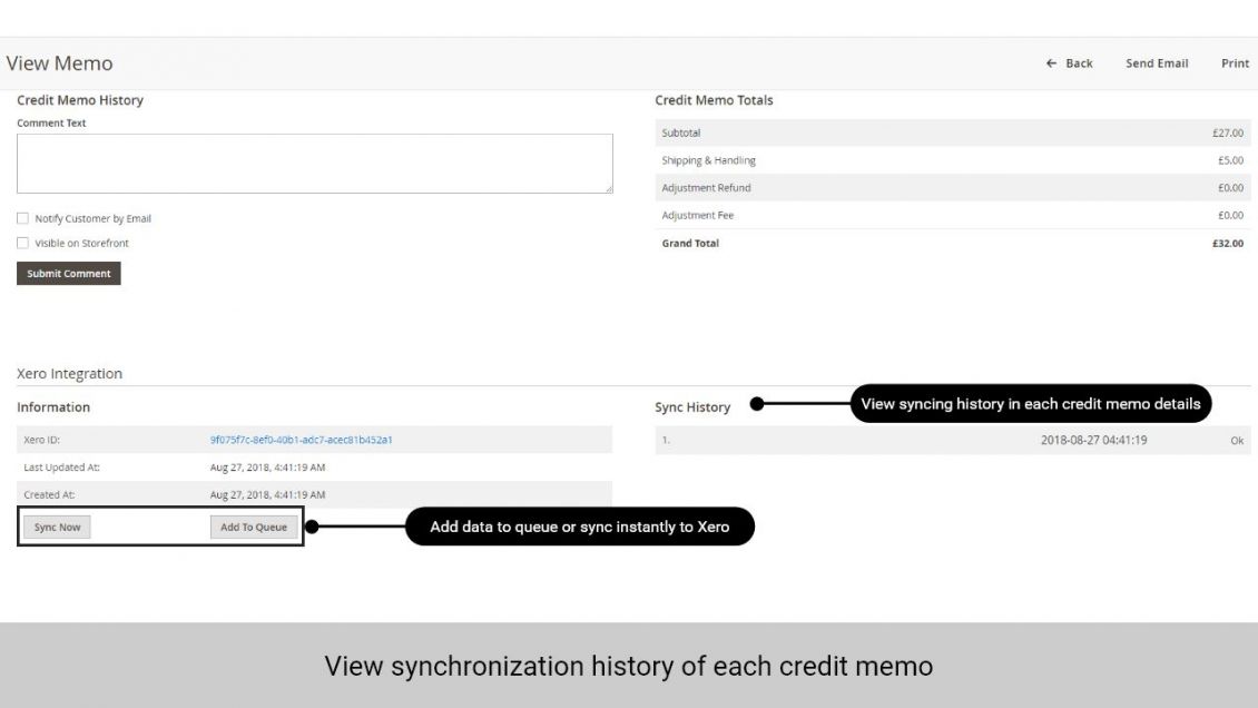 Admin can view sync history of each credit memo in the memo details