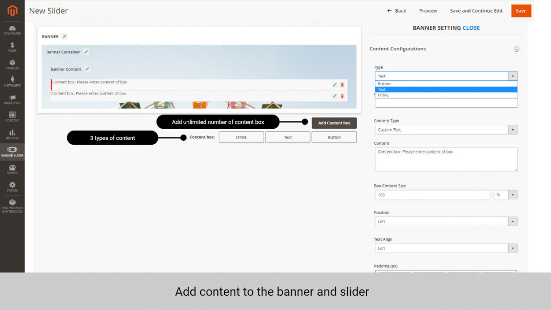 Magento 2 Slider Extension add content to the banner and slider