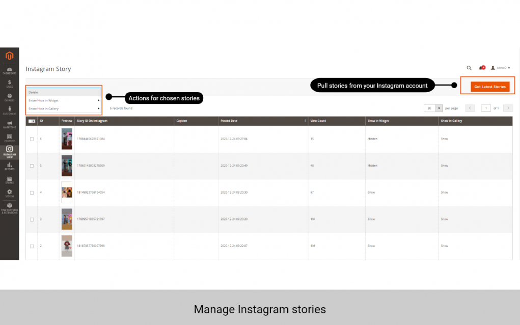 magento 2 instagram feed manage stories