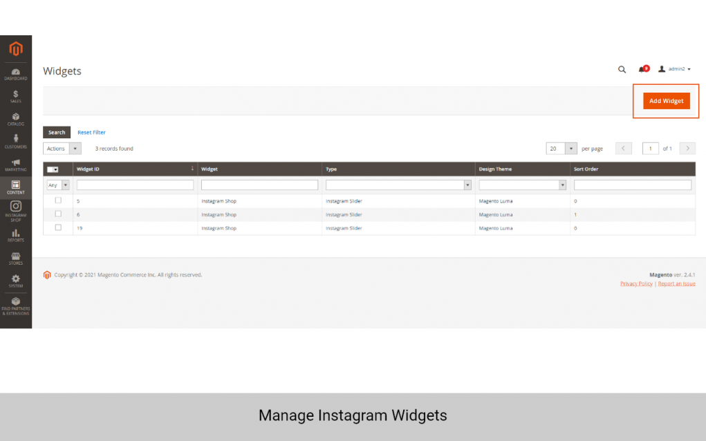 magento 2 instagram shop manage widget