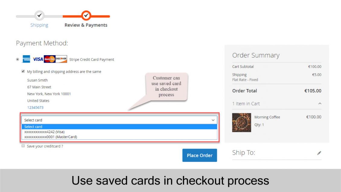 Magento 2 Stripe Payment Extension saved cards in checkout process