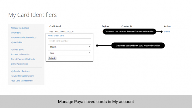 Customers can manage Paya saved cards on My account page