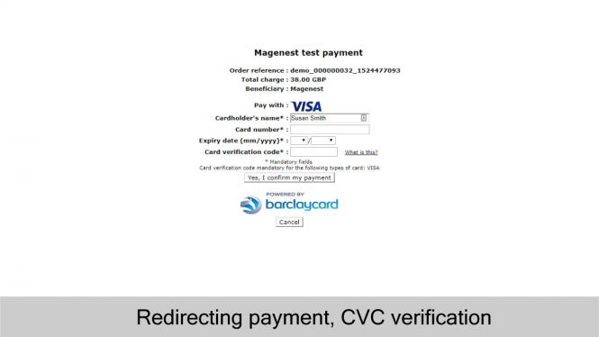 Barclaycard Redirect Payment with CVC Verification