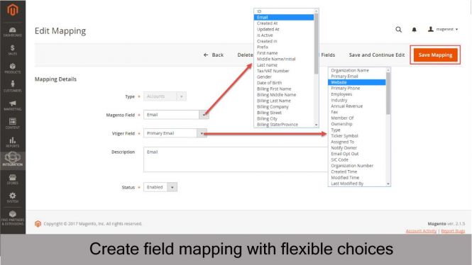 Create field mapping from Magento 2 to Vtiger CRM with flexible choices 