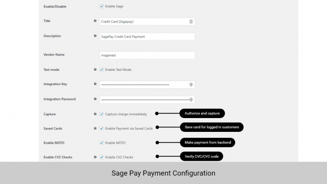 Sage Pay Payment Gateway Settings: Authorize and capture, saved cards, MOTO, CVC verification