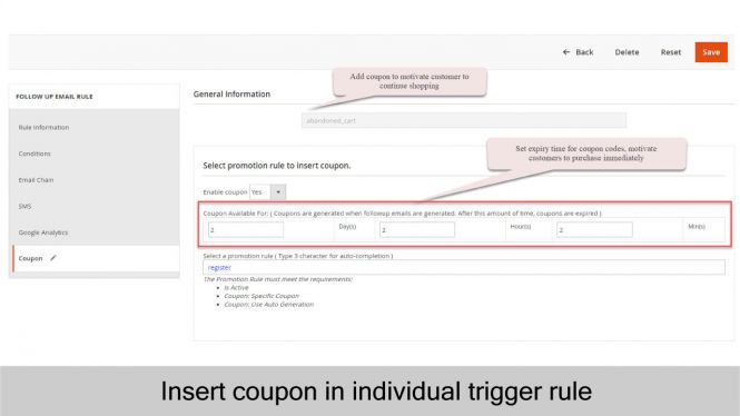 Admin can insert coupon in each trigger rule for follow up emails
