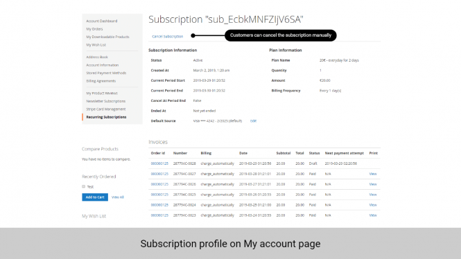 Magento 2 Subscription and Recurring Payments on account page