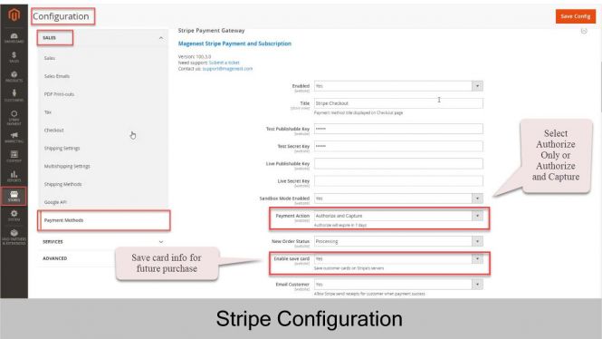 Magento 2 Stripe Payment Extension Stripe Payment Action Setting (Authorize Only or Authorize and capture) and Stripe save card setting