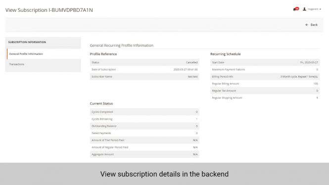 Magento 2 Subscription and Recurring Payments: view subscription details