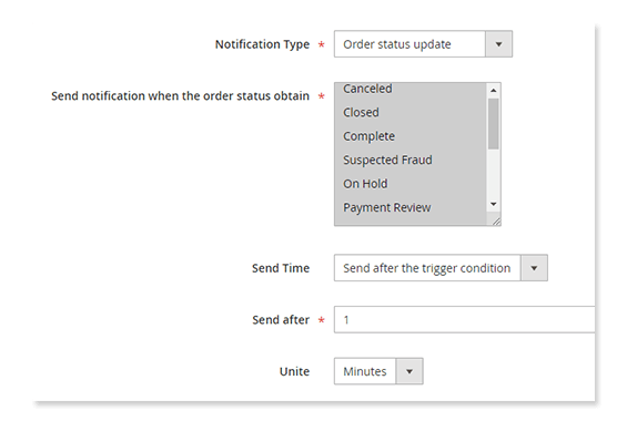 Magento 2 Notification extension order status update type