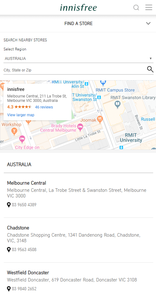 Store locator examples: Innisfree mobile page