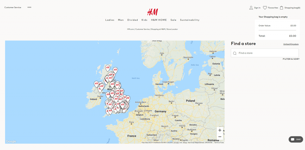 Store locator examples: H&M desktop page