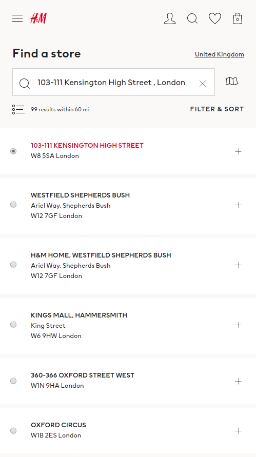 Store locator examples: H&M mobile page