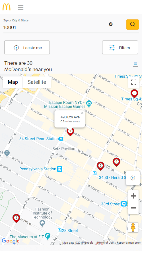 Store locator examples: McDonald's mobile page