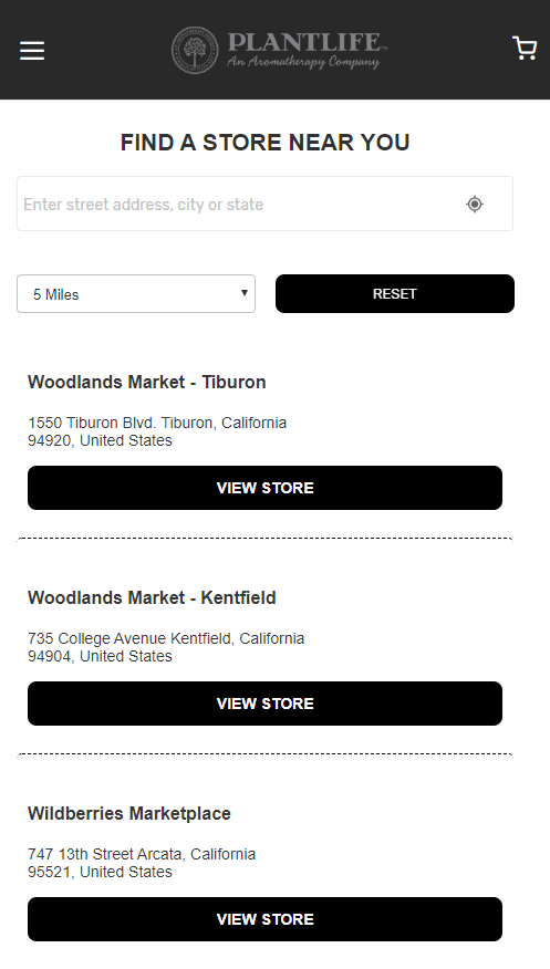 Store locator examples: Plantlife mobile page