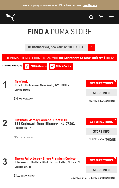 Store locator examples: Puma mobile page