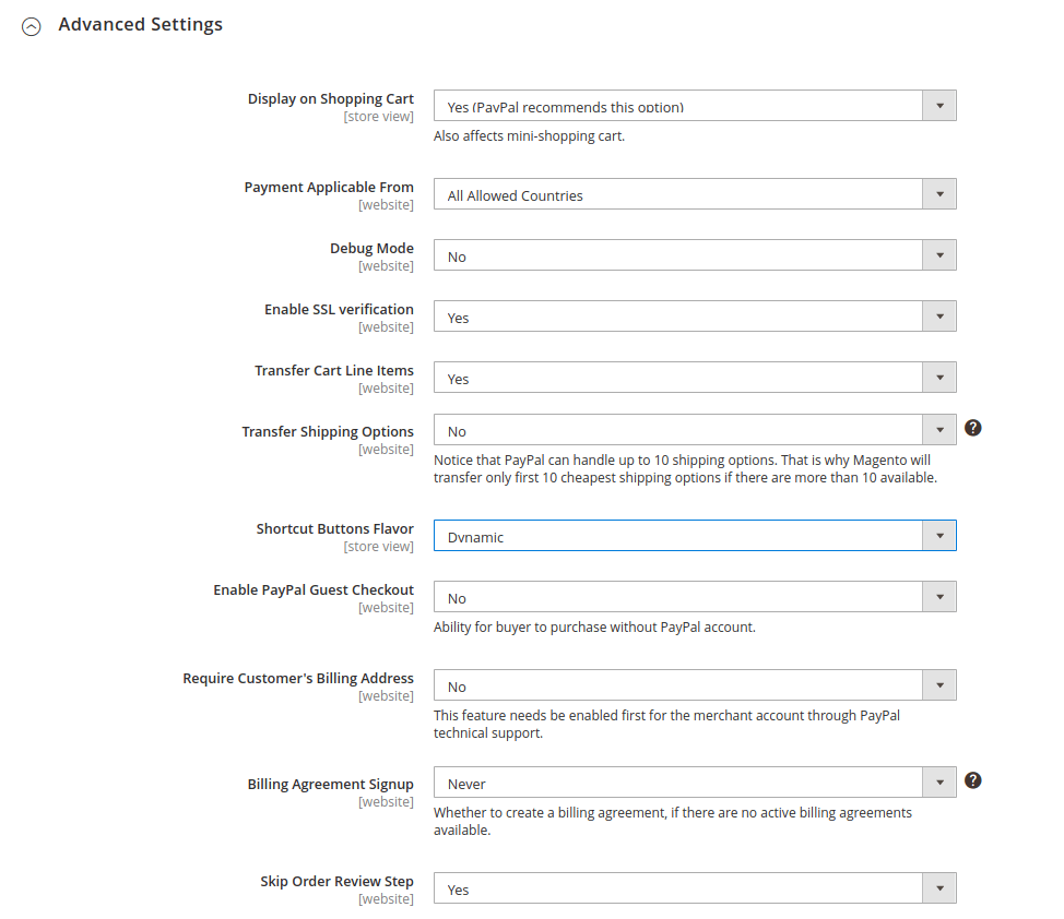 configure Paypal payment method in Magento 2: advanced settings