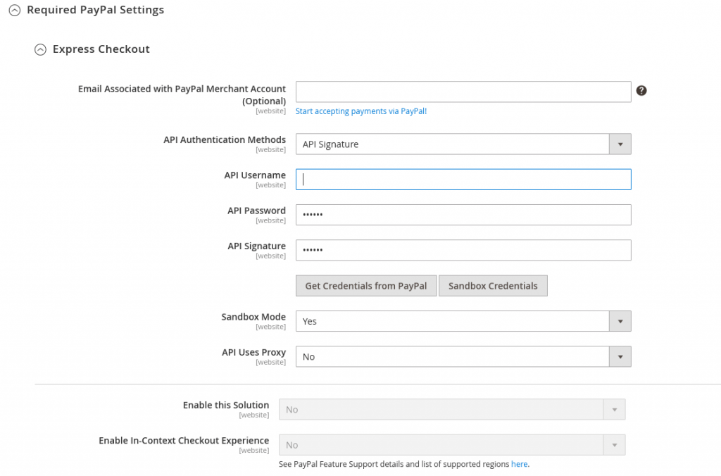 configure Paypal payment method in Magento 2: Express Checkout section