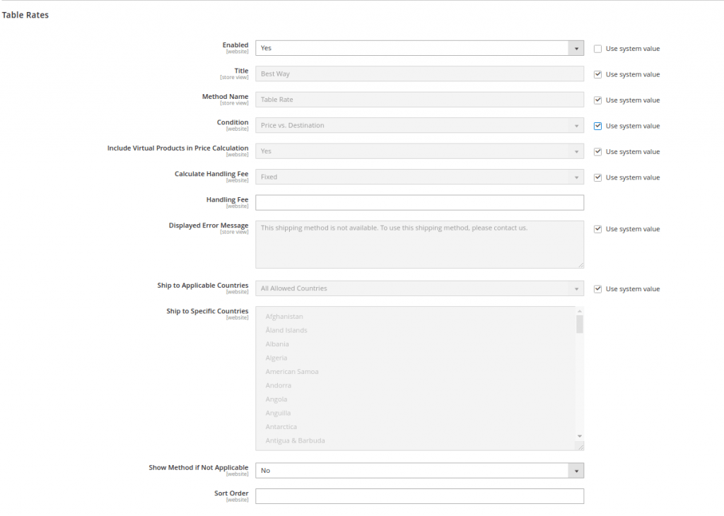 Table Rate Shipping Method in Magento 2: Configure default setting