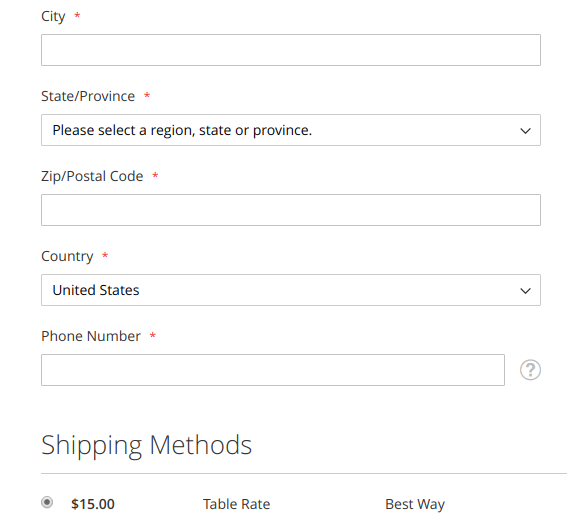 Table Rate Shipping Method in Magento 2: shipping fee is $15