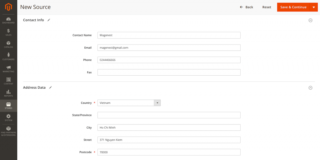 magento 2 multiple inventories: contact information and the address of the source