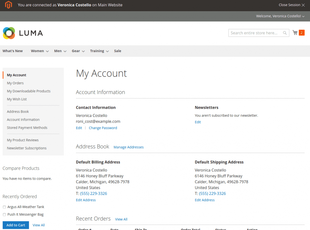 Magento 2 login as customer: My Account