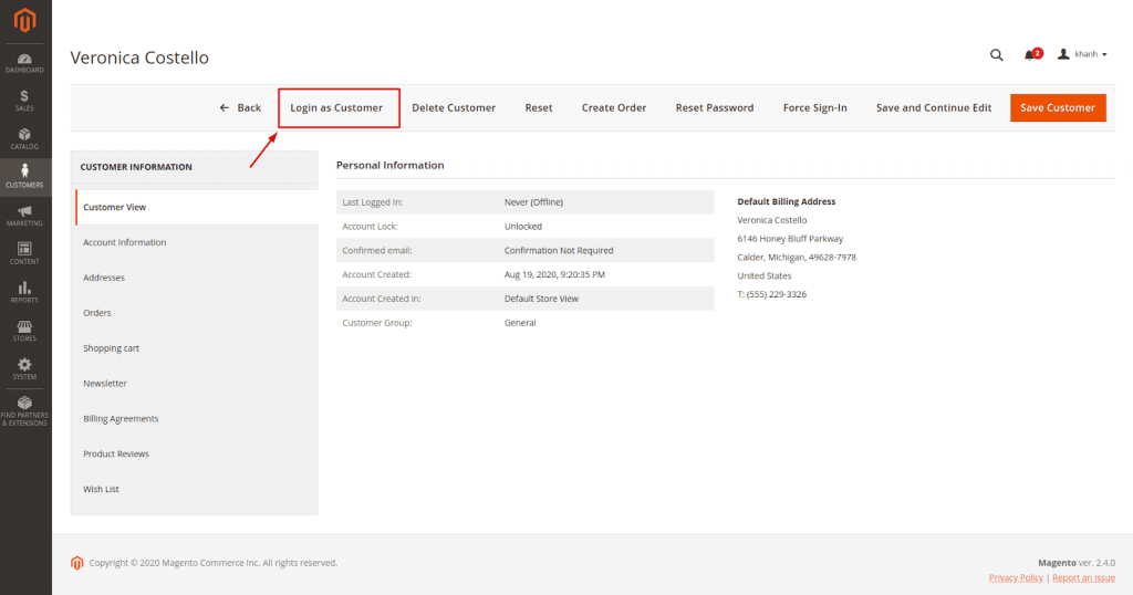 Magento 2 login as customer: customer edit page