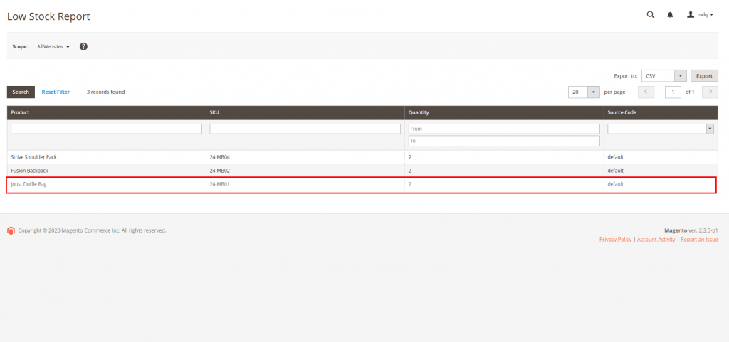 stock status alert deficient: low stock report