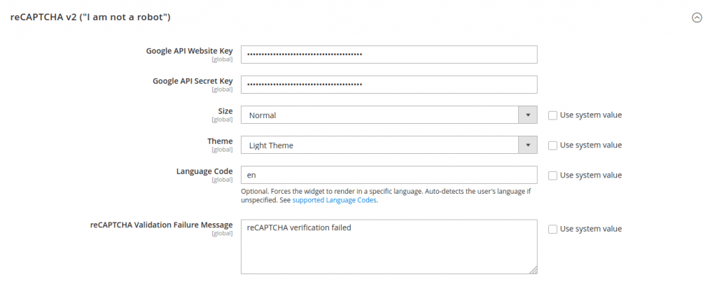 google reCAPTCHA page to Google API Website Key