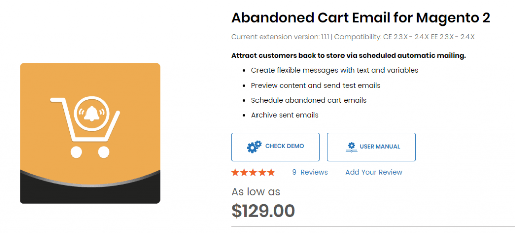 Magento 2 Abandoned cart email extension by Aheadworks