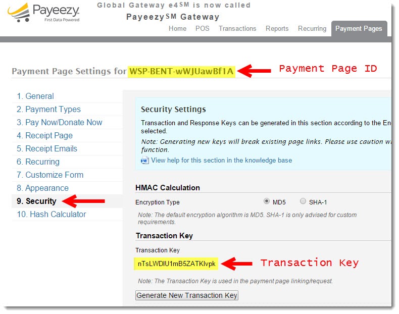 Payment Page ID and Transaction Key in Payeezy