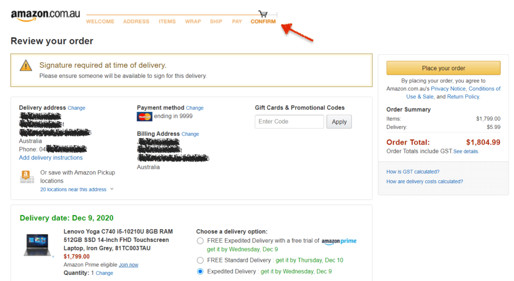 Multi-page checkout on Amazon website