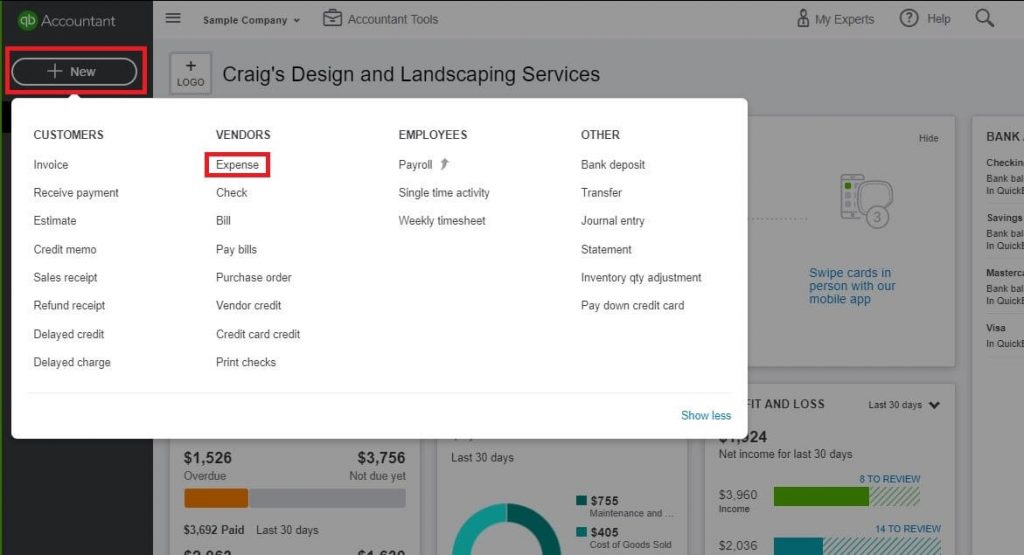 Entering Credit Card Charges in QuickBooks - Click the New button