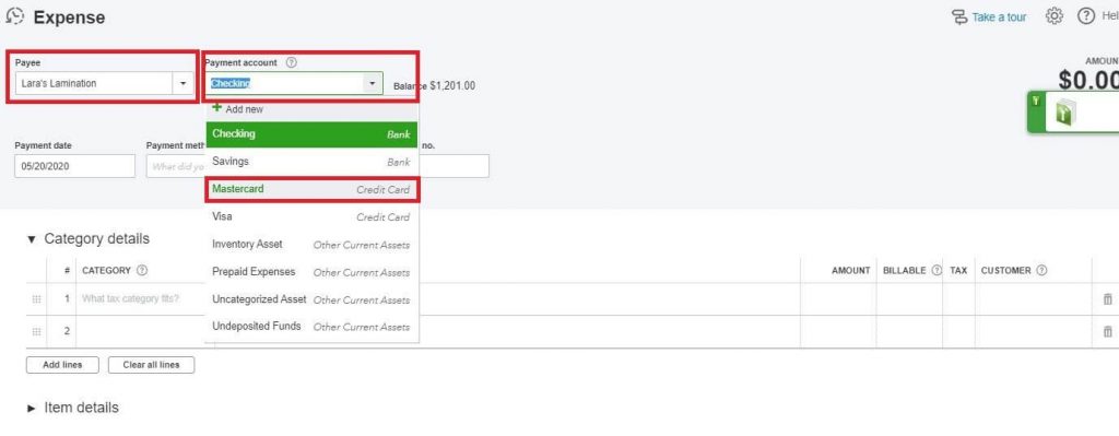Entering Credit Card Charges in QuickBooks Online: enter the payee name
