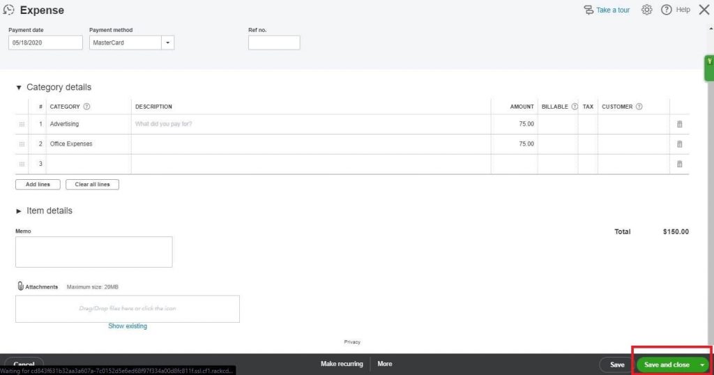 Entering Credit Card Charges in QuickBooks Online: click Save and Close button