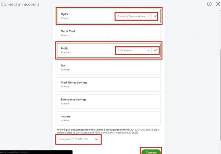 Choose the accounts you want to use to import transactions