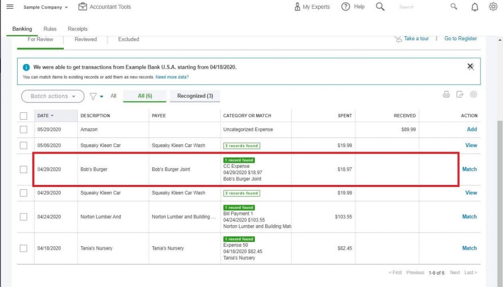 quickbooks import credit card transactions matching