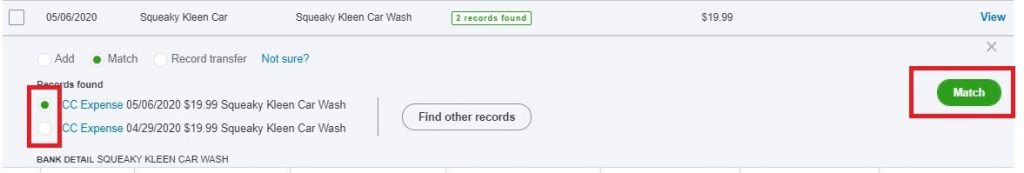quickbooks import credit card transactions matching