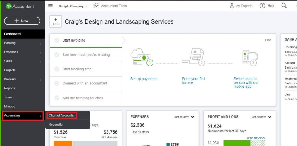 To set up the credit card, go to Accounting on the Dashboard and click the Chart of Accounts.  