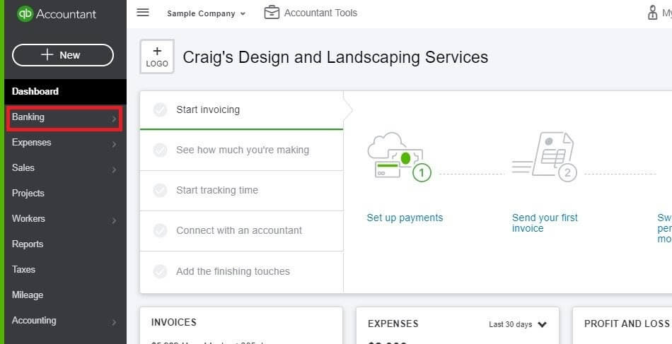 Entering Credit Card Charges in QuickBooks Online: Click Banking in the Dashboard. 