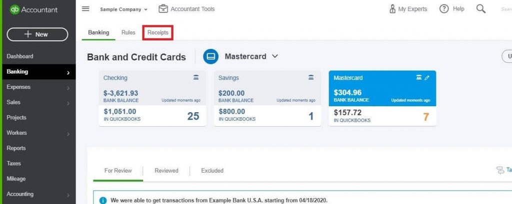 Entering Credit Card Charges in QuickBooks Online: choose Receipts